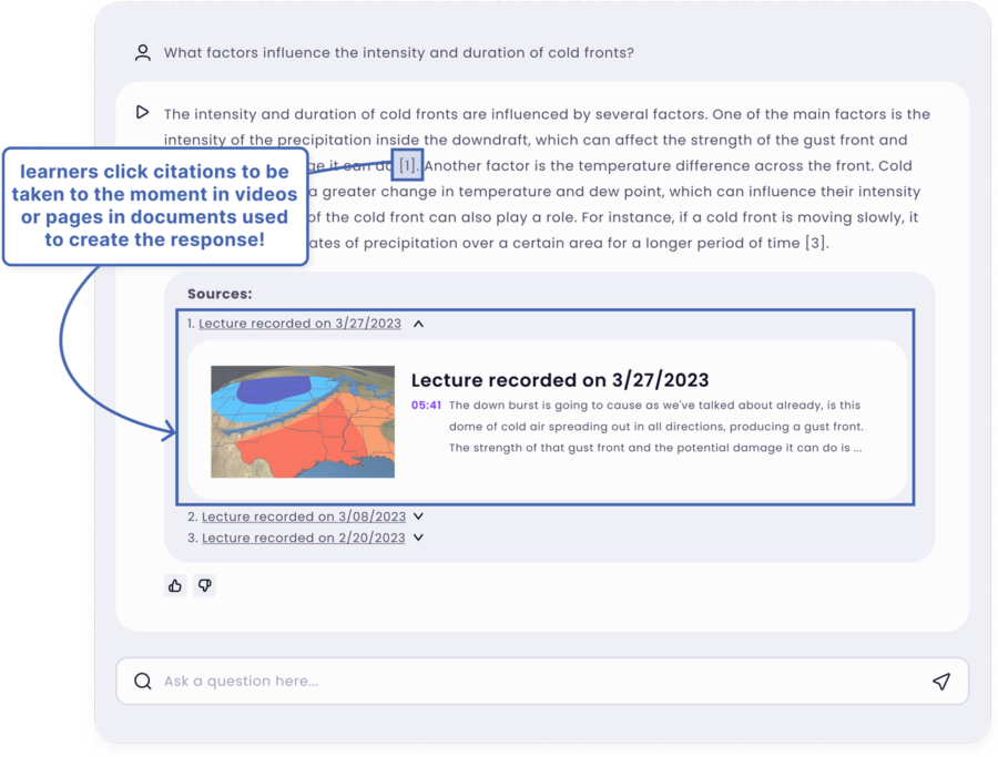 Illustration of CourseGPT™ showing response to query. Response includes citations to moments in course videos used to construct response. Citations are clickable so studetncan view cited moments.
